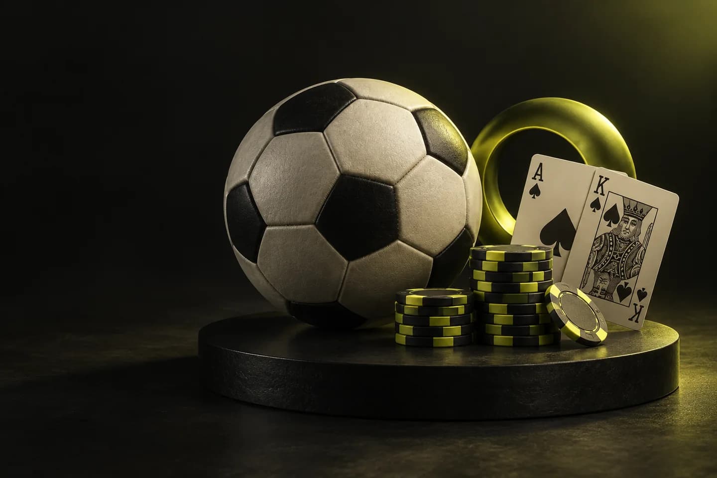 Spor ve casino dünyasını temsil eden futbol topu, oyun kartları ve fişler